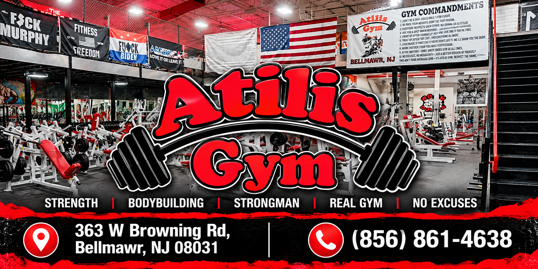 Atilis Gym sponsor banner featuring gym equipment and Bellmawr contact information
