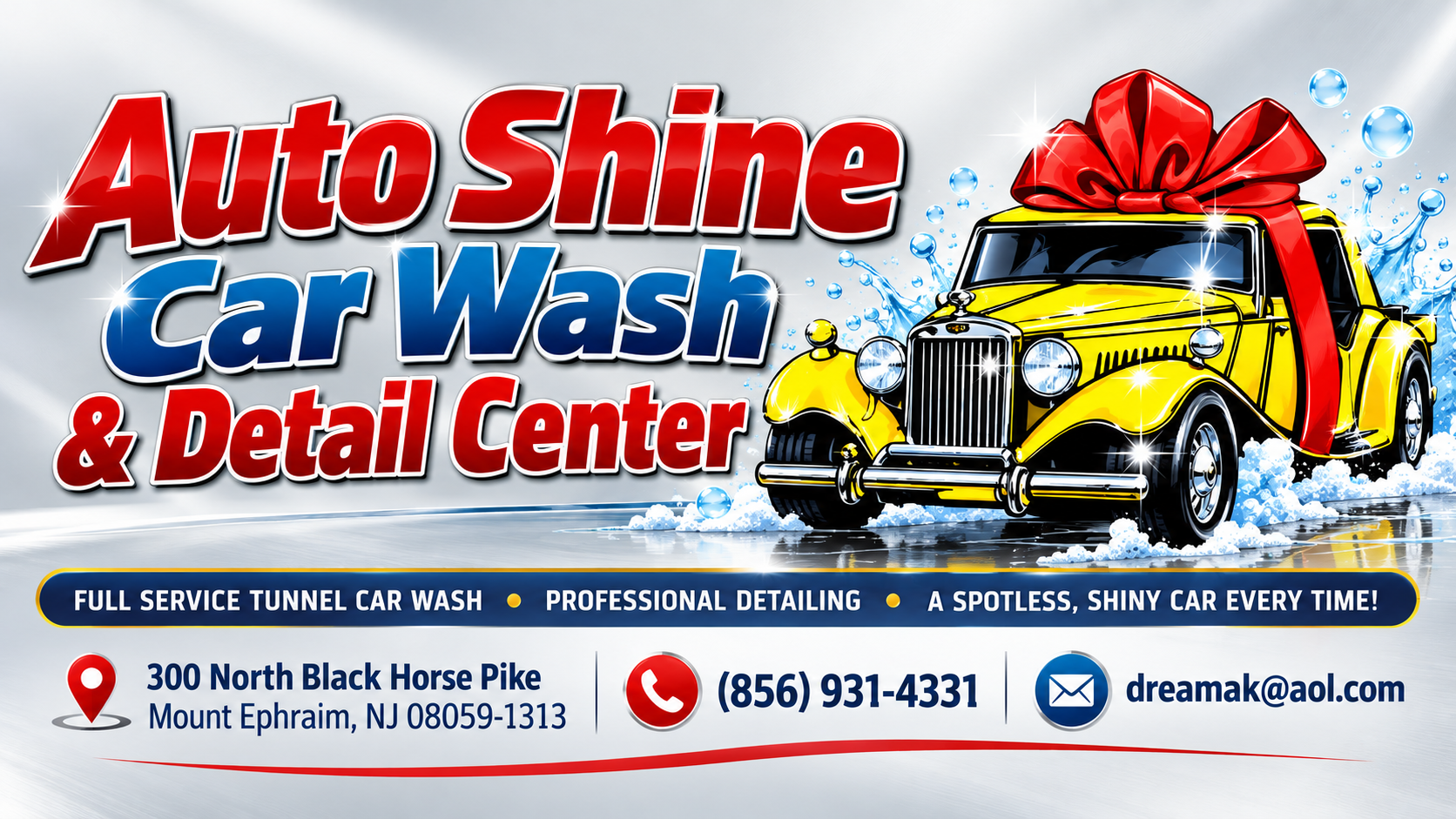 Auto Shine Car Wash and Detail Center sponsor banner with a yellow car and Mount Ephraim contact details