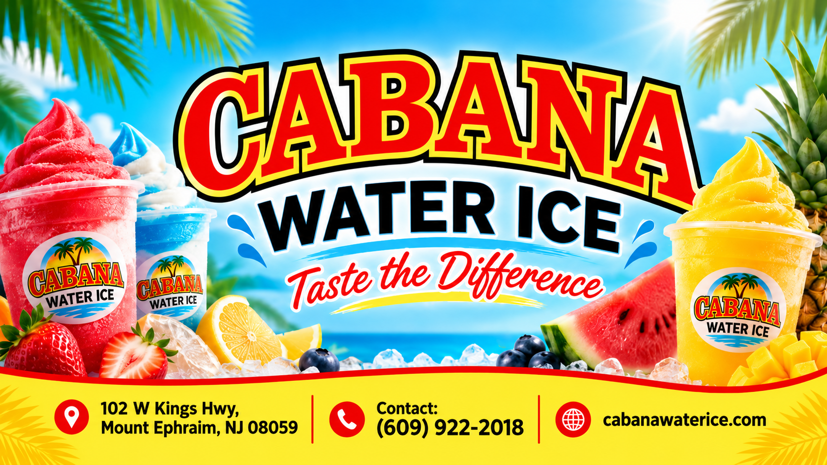 Cabana Water Ice sponsor banner with colorful water ice cups and Mount Ephraim contact details