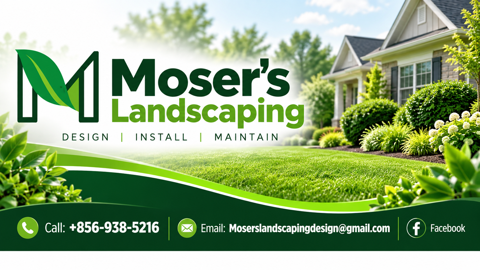 Moser’s Landscaping sponsor banner featuring a landscaped lawn and business contact information