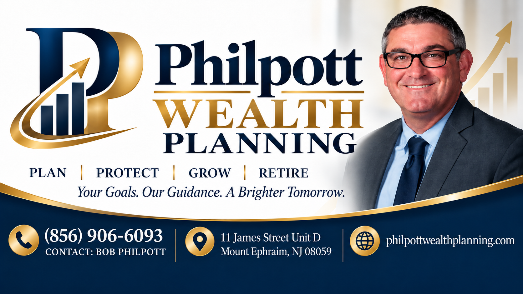 Philpott Wealth Planning sponsor banner with Bob Philpott and business contact details