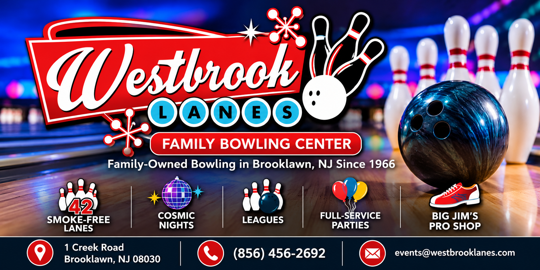 Westbrook Lanes family bowling center sponsor banner with bowling imagery and contact information
